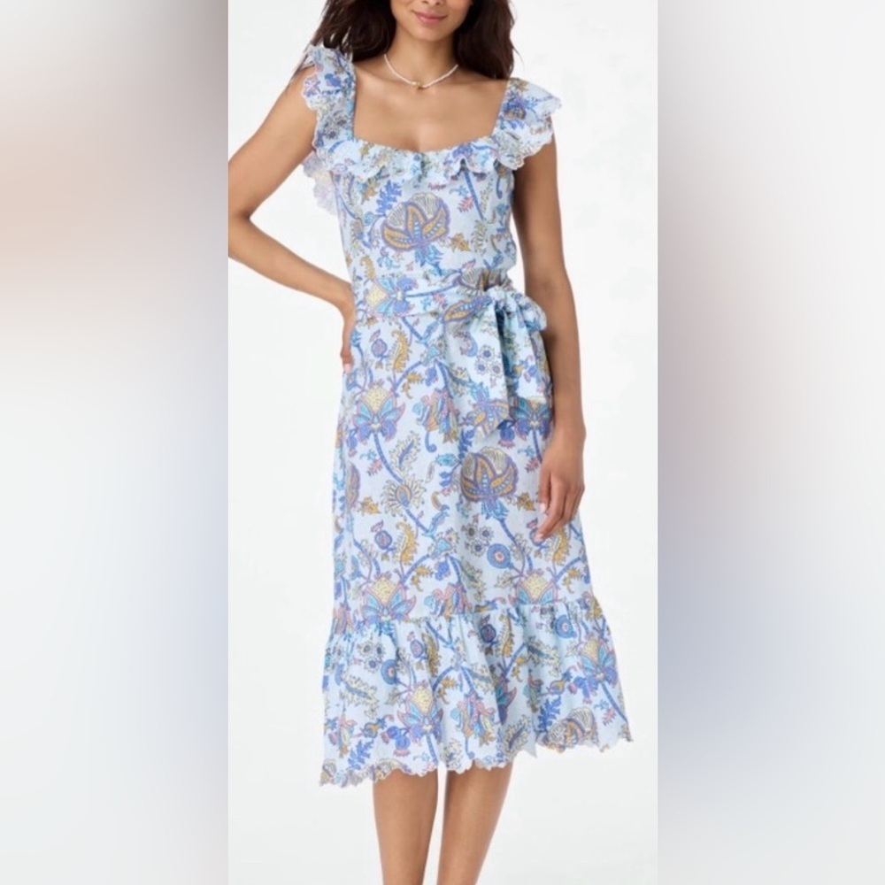 Roller Rabbit Textured Linen Amanda Keira Blue Floral Ruffle Midi Dress Size XS